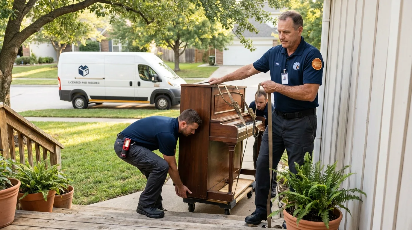 Licensed piano movers securing grand piano in Vernon, NY