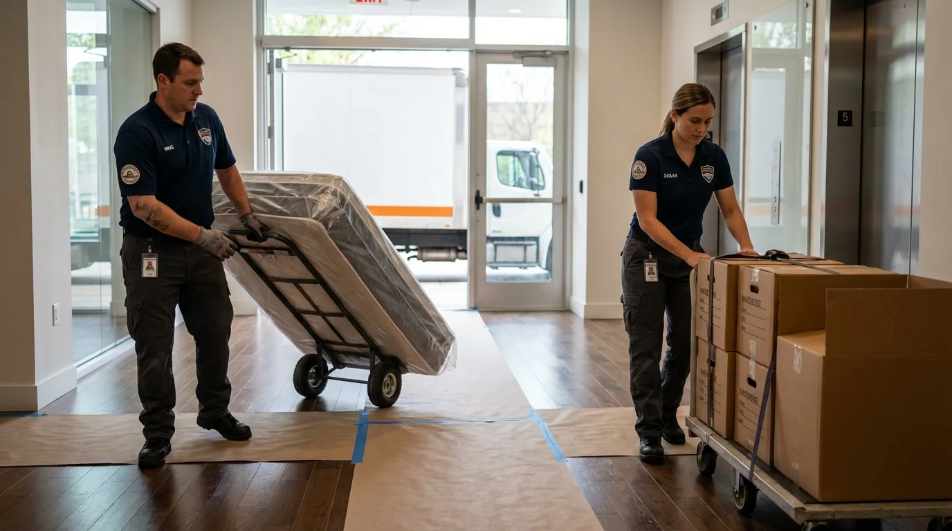 Professional apartment movers loading elevator in Vernon, NY