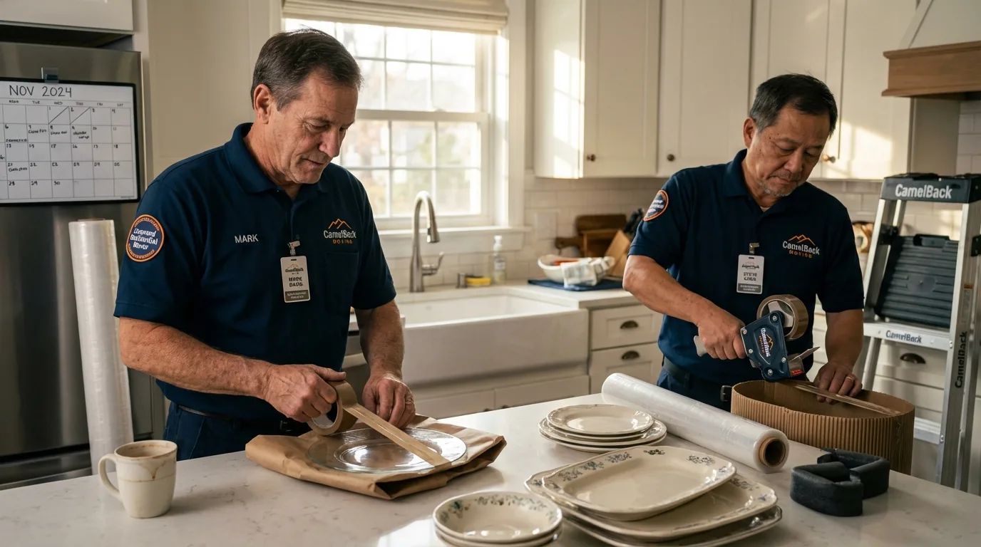 Professional crew packing kitchen dishware in Vernon, NY